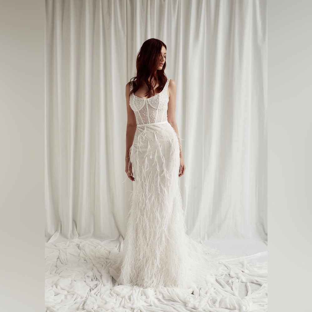 Love Honor wedding dress with sequin and feathers